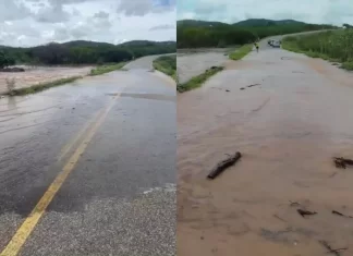 Vazão de água aumenta sobre a PB-275 após estouro de açudes entre Patos e São José de Espinharas