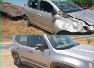 Colisão lateral seguida de tombamento deixa três pessoas feridas na BR-361, em Santa Terezinha